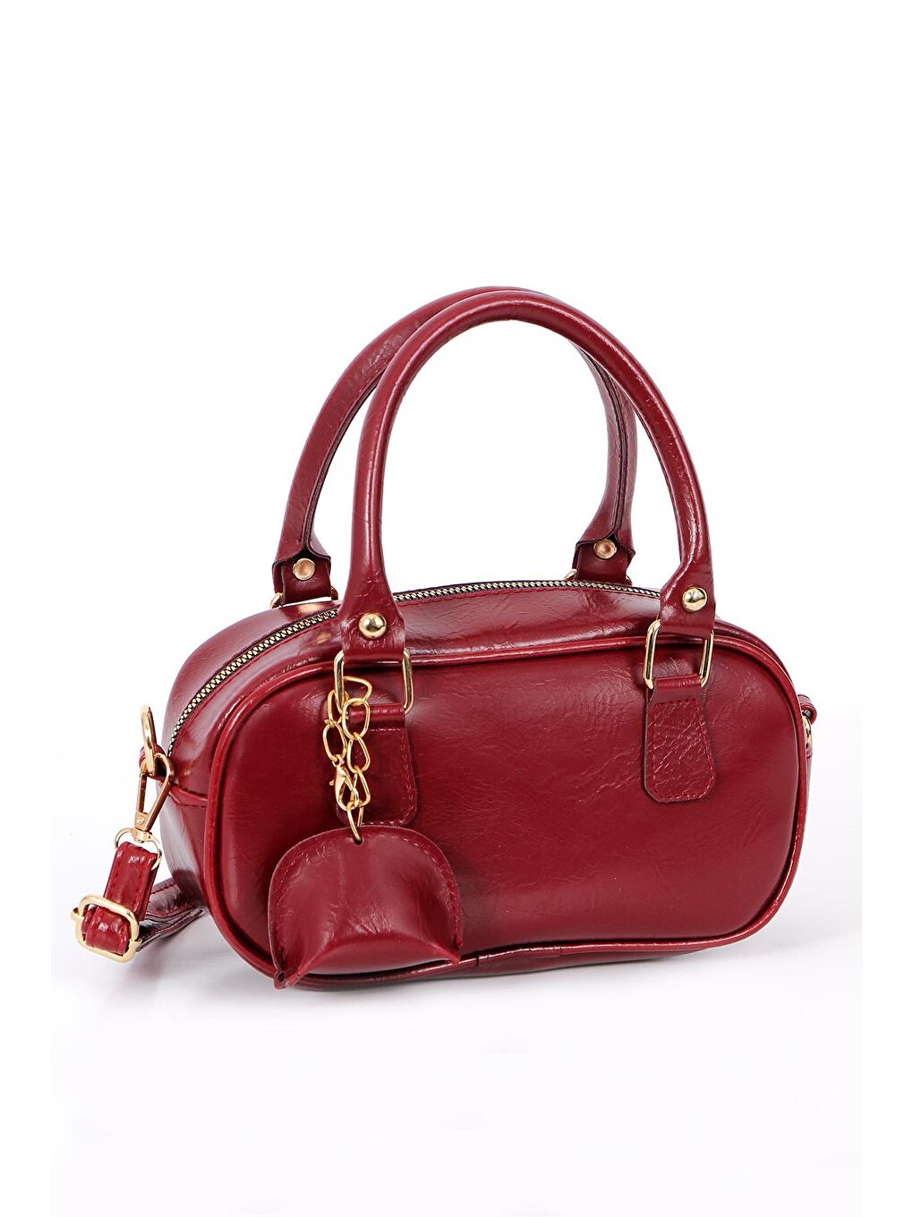 Bordo Ruby Mini Cüzdan Charm Detaylı Rugan Deri Fermuar Kapama Kadın El Çapraz Kol Omuz Çantası BP-4853O-1