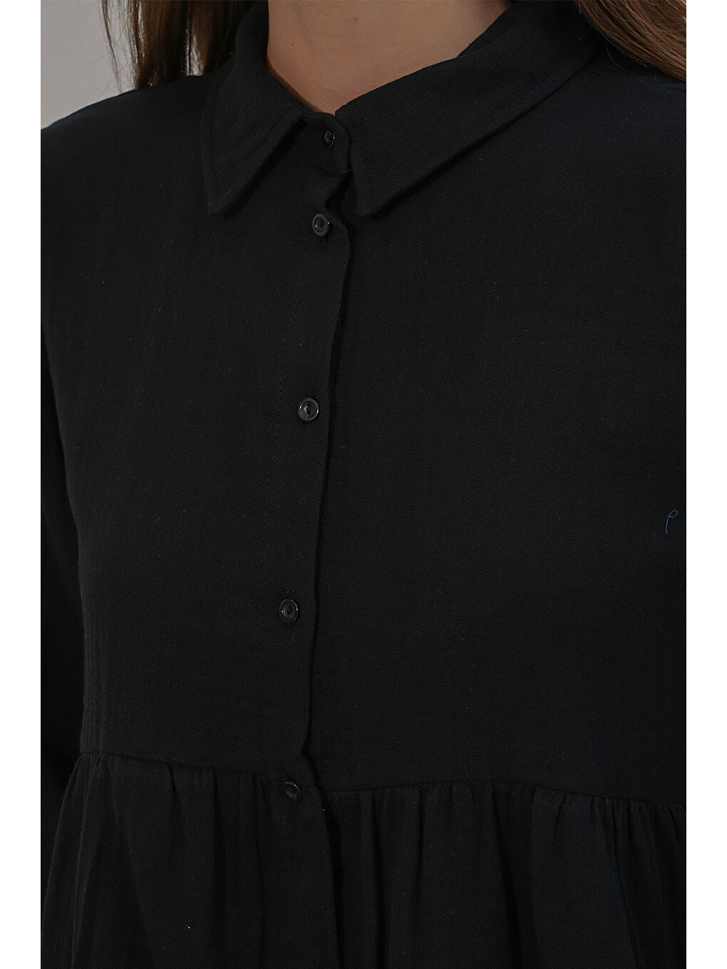 Kadın Dokulu Oversize Keten Gömlek 20381 - Siyah-4