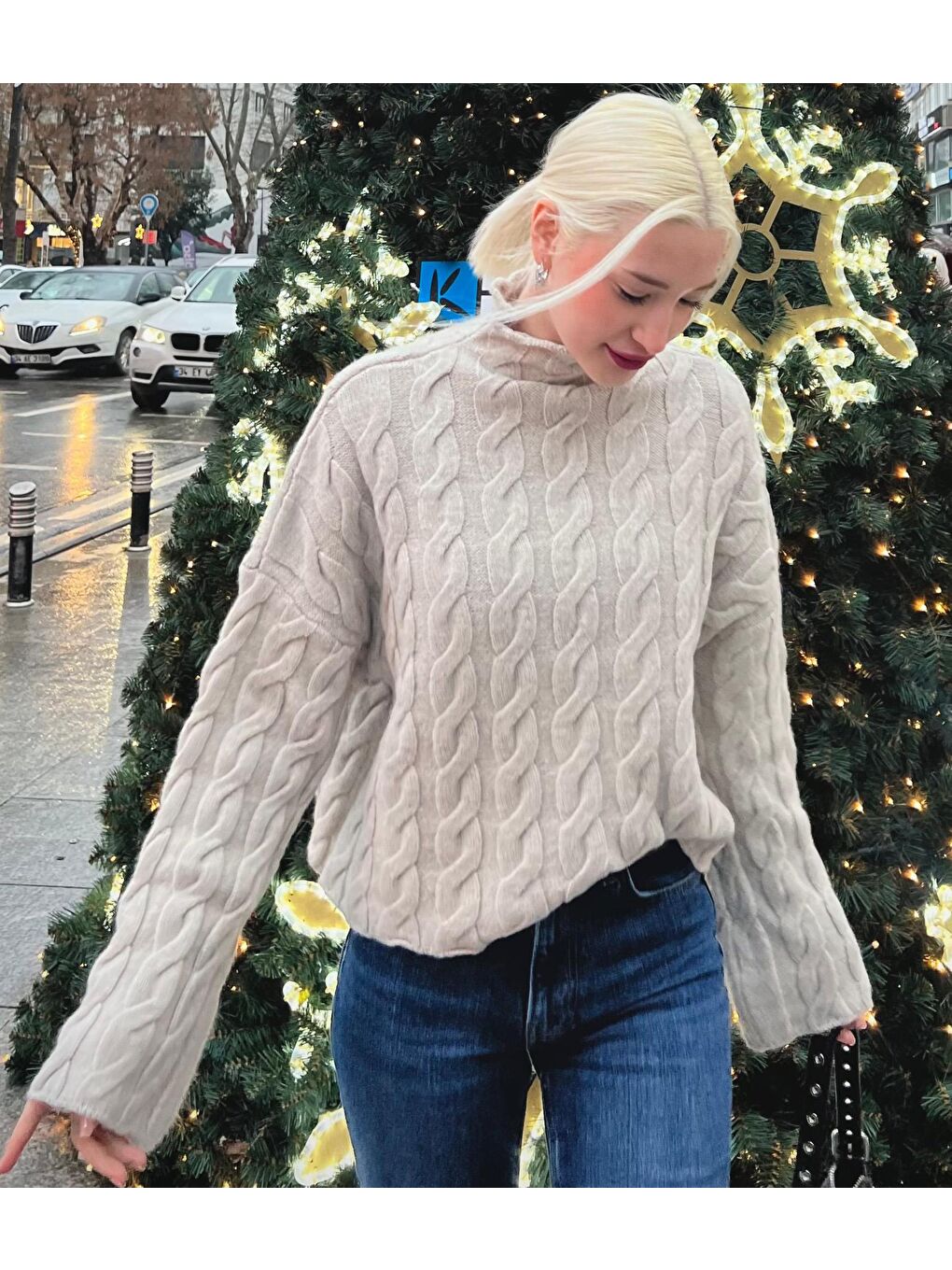 Bej Balıkçı Yaka Örme Triko Kazak Mg2172-3