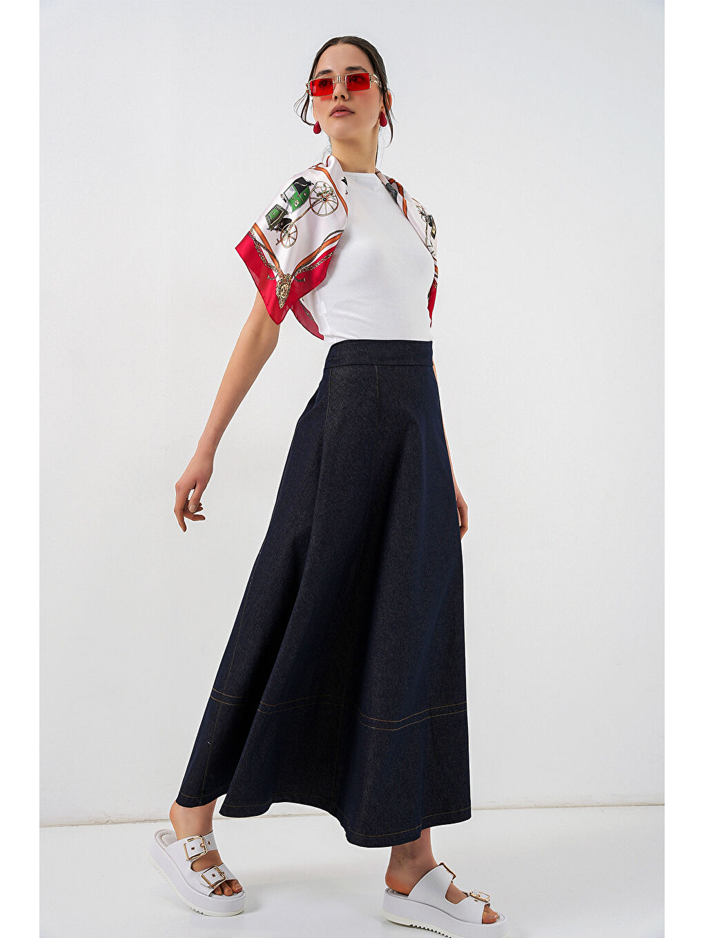 Kadın Uzun Jean Etek 8066 - Lacivert-2