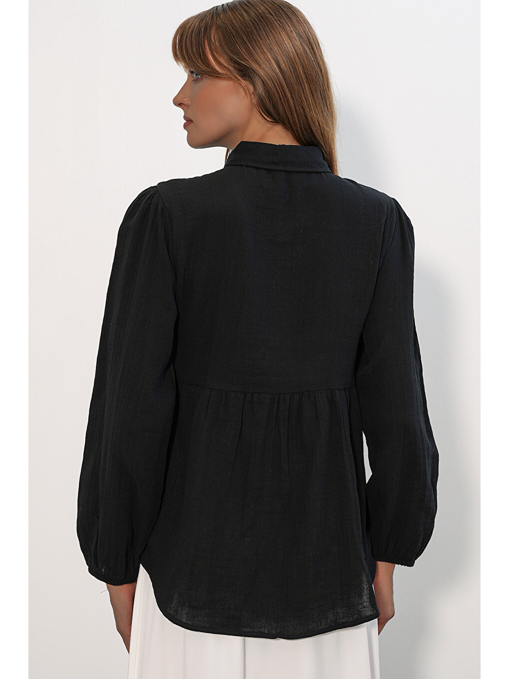 Kadın Dokulu Oversize Keten Gömlek 20381 - Siyah-5