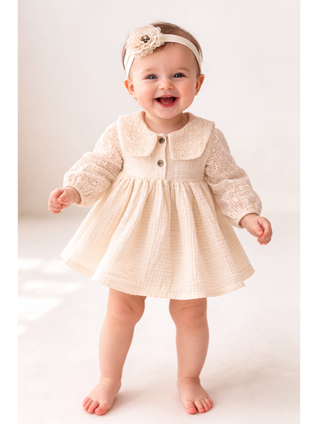 Bej Kız Bebek Müslin Kumaş Dantel Yakalı 2li Saç Tokalı-1