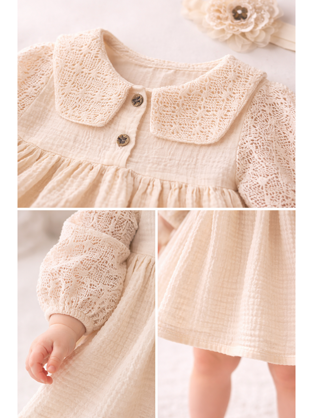 Bej Kız Bebek Müslin Kumaş Dantel Yakalı 2li Saç Tokalı-2