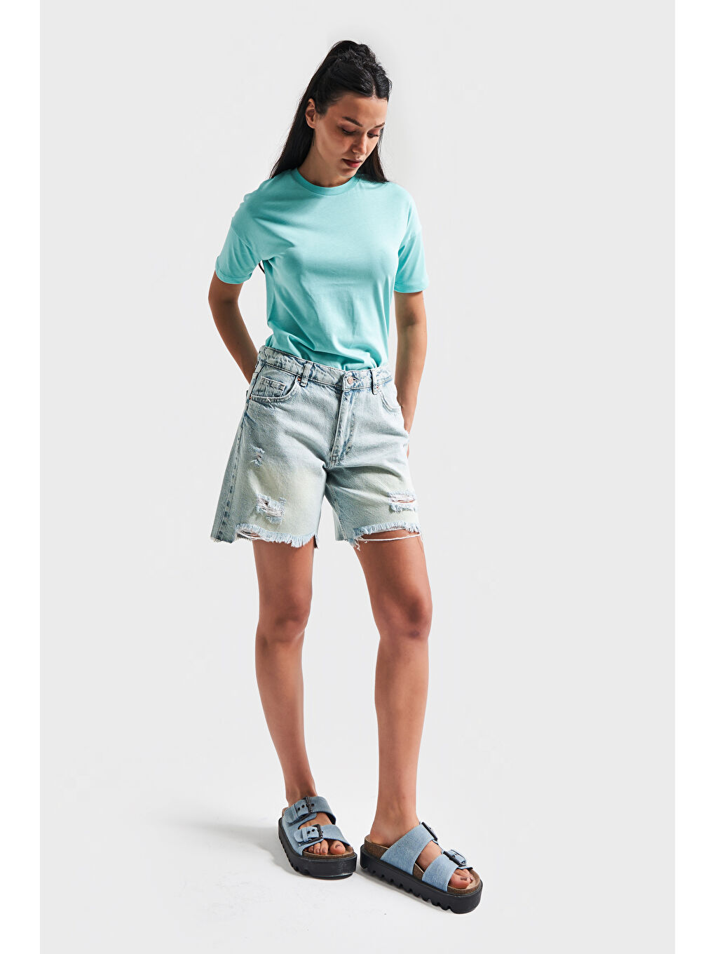 Yeşil Kadın G Jean Rengi 12s5 80 Midi Boy Yırtık Detaylı  100 Pamuk Denim Şort-2