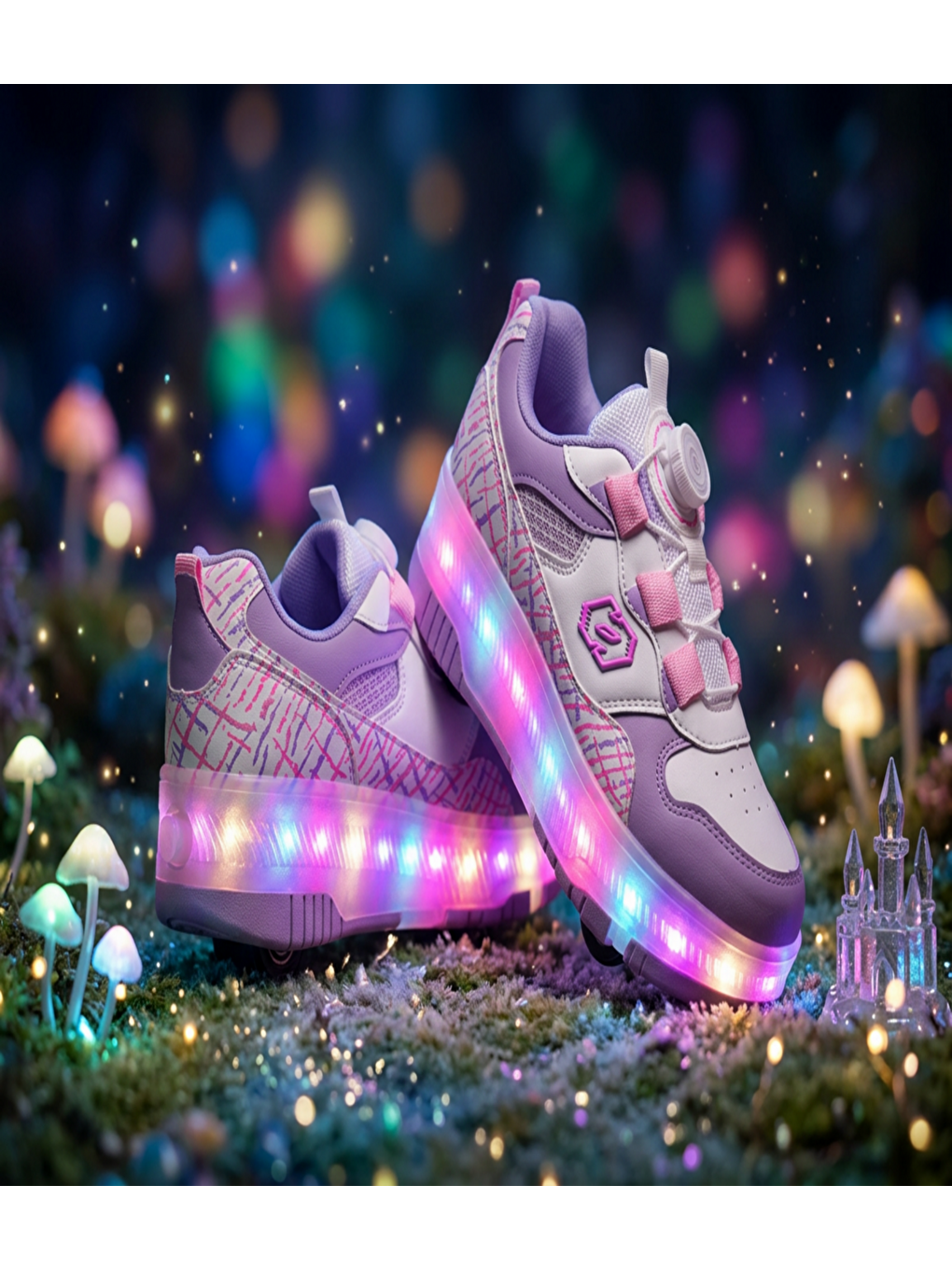 Çocuk Unisex Pembe Lila Rahat Kalıp Logo Detaylı Paten Işıklı Spor Ayakkabı