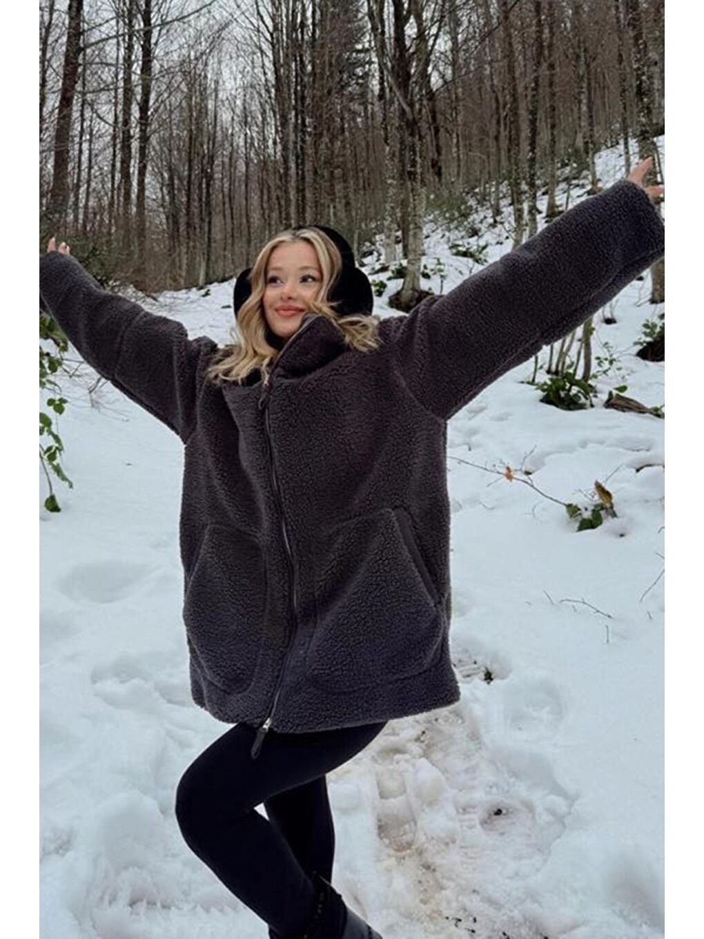 Gri Füme Dik Yakalı Cepli Pelüş Mont Mg1966-1