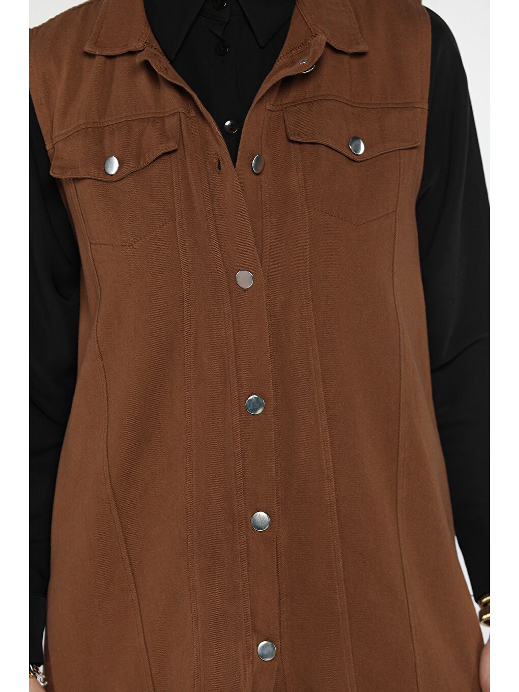 Kahverengi Tesettür Gabardin Yelek Pantolon İkili Takım-7