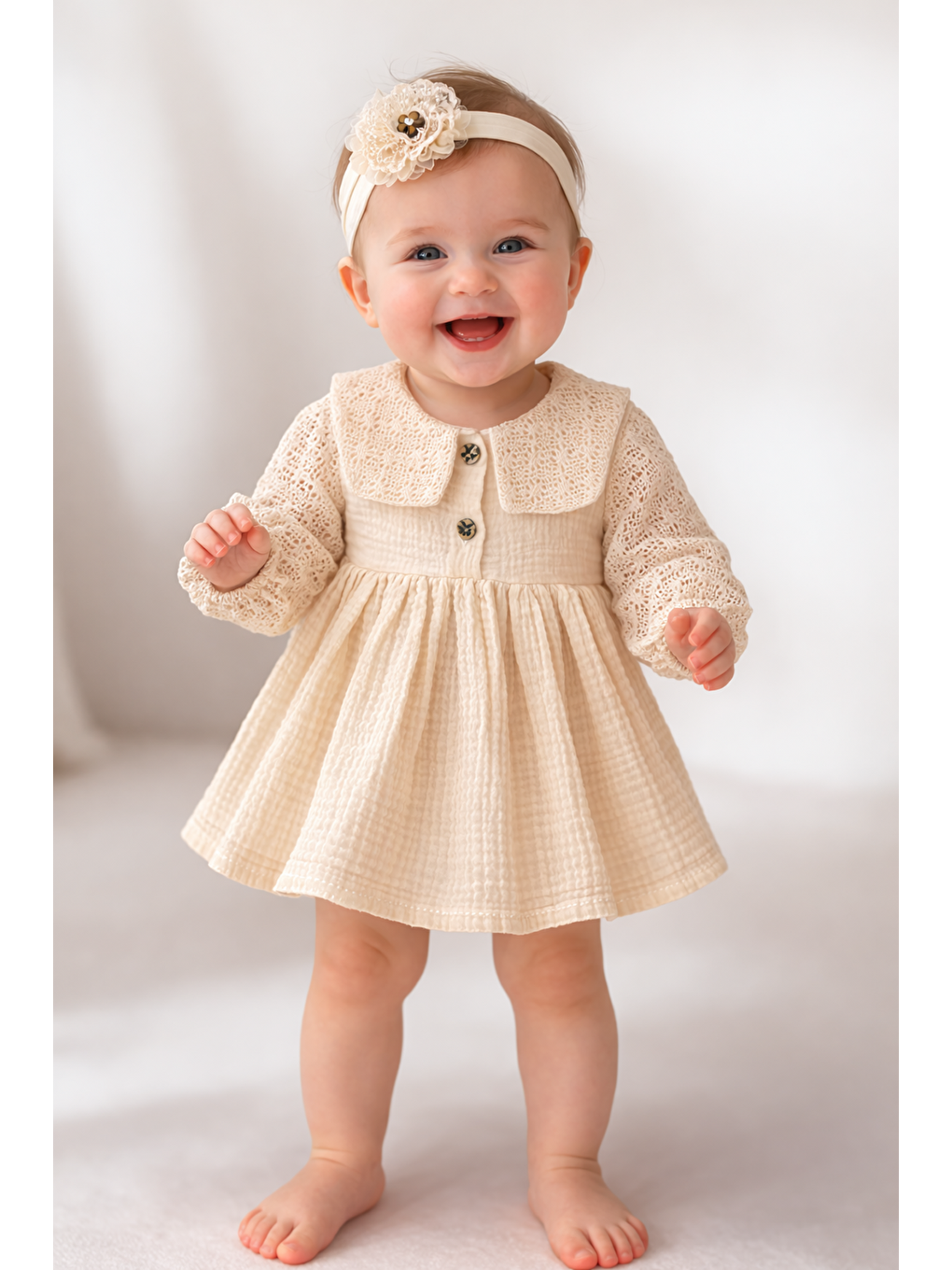 Bej Kız Bebek Müslin Kumaş Dantel Yakalı 2li Saç Tokalı-3