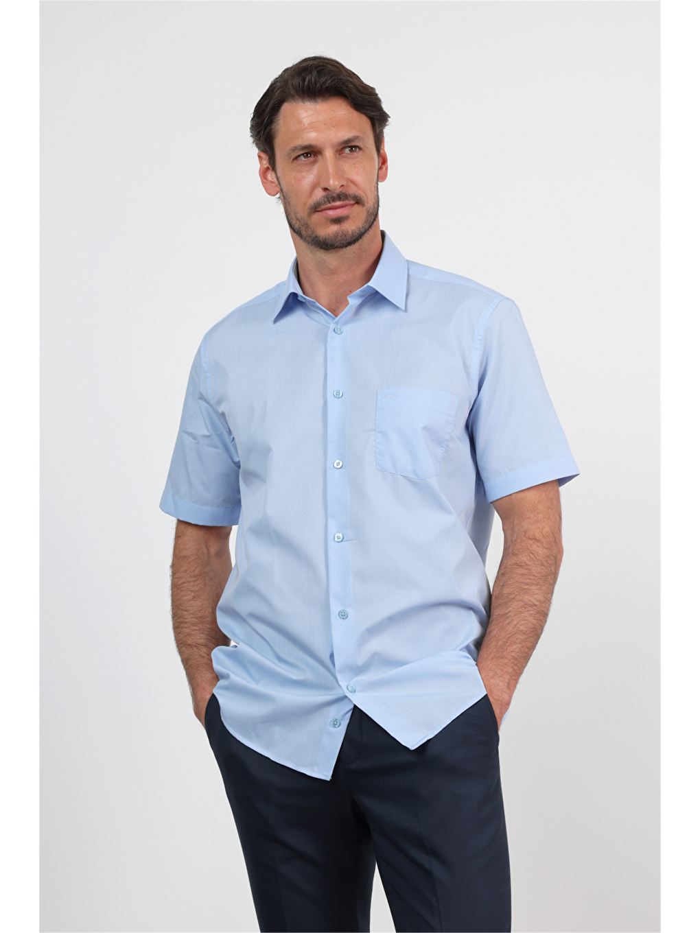 Mavi Sert Yaka Kısa Kol Cepli Comfort Fit Pamuklu Gömlek 1004260258-2