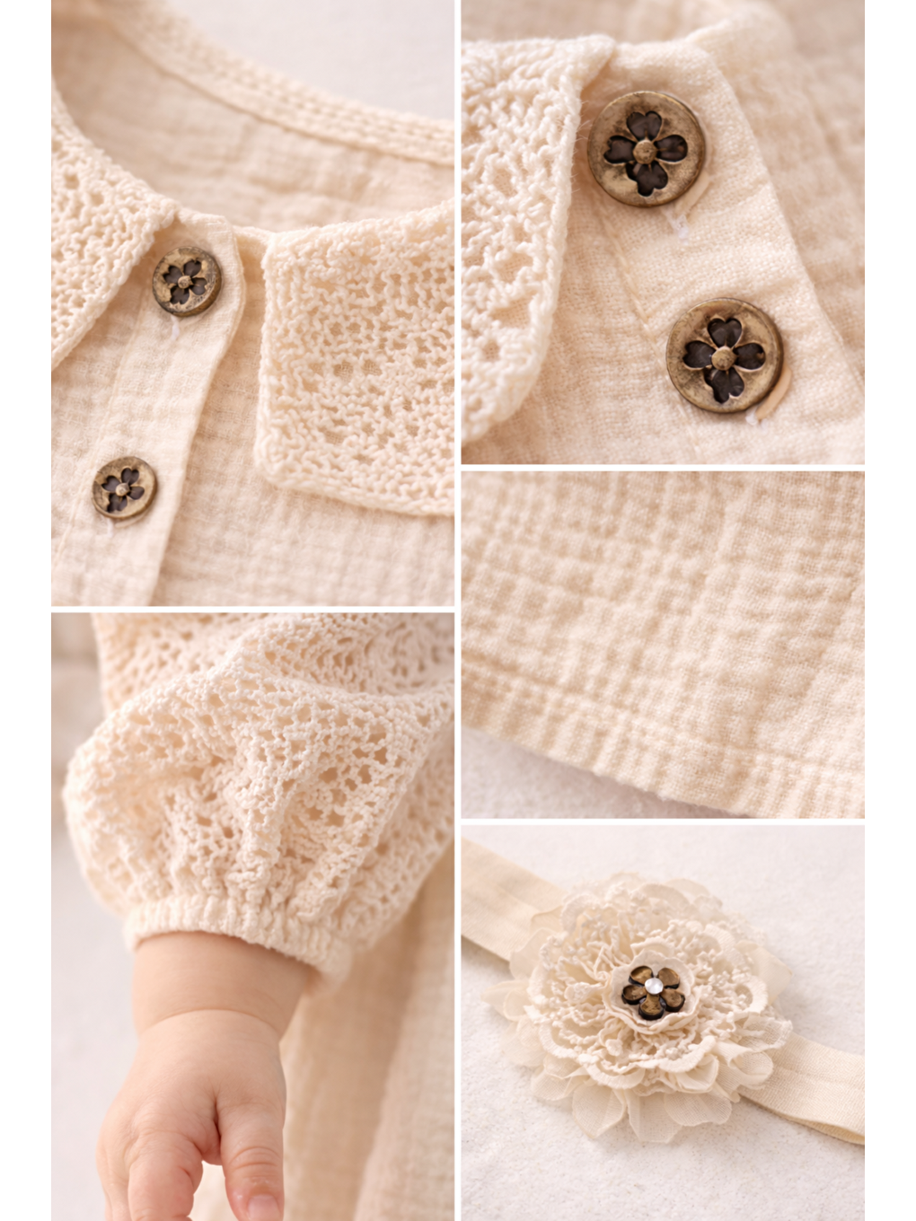 Bej Kız Bebek Müslin Kumaş Dantel Yakalı 2li Saç Tokalı-4