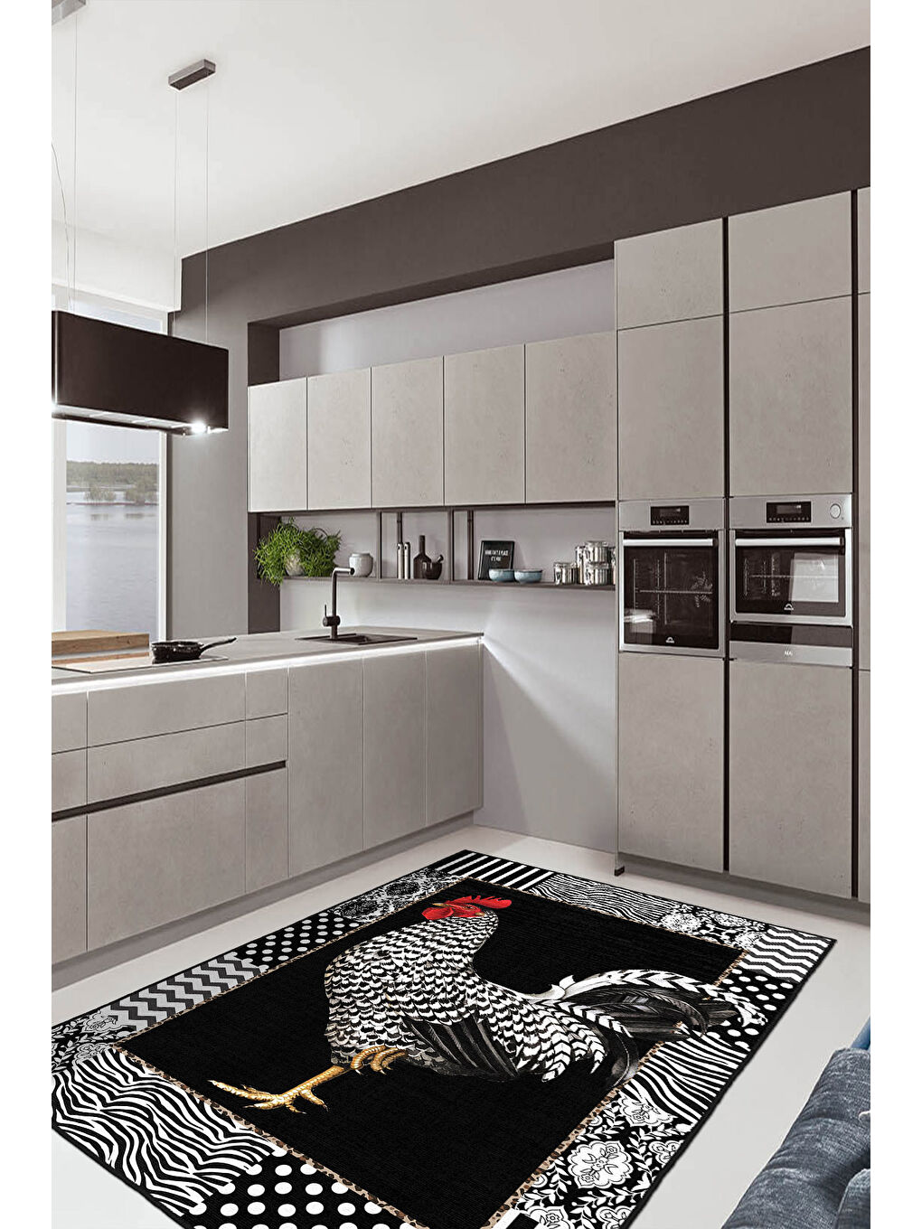 Siyah Dekoratif Özel Tasarım Yıkanabilir İnce Kaymaz Tabanlı Modern Halı KECE FR42-3