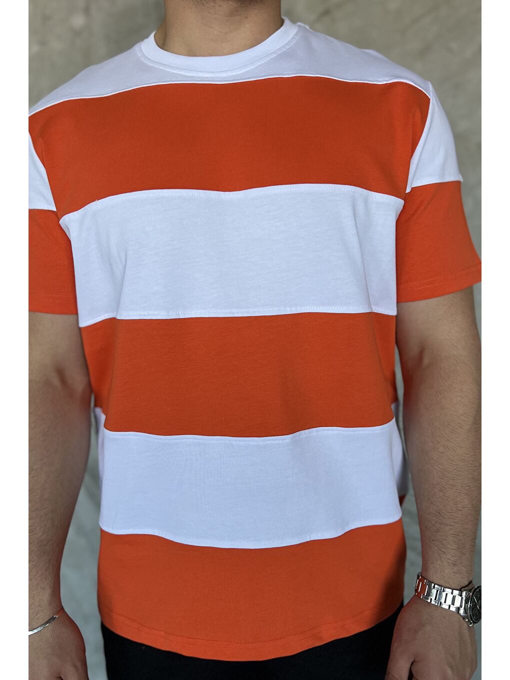 Beyaz Bisiklet Yaka Parçalı Erkek Tişört-3