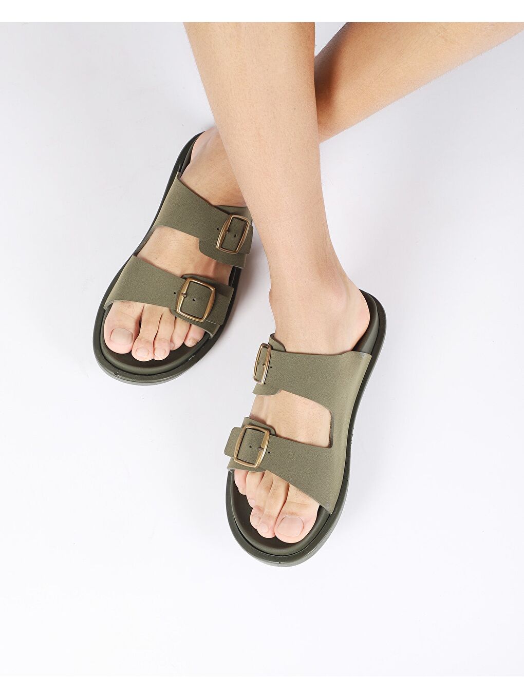 Haki Erkek Yazlık Çift Tokalı Terlik - HUGO-1