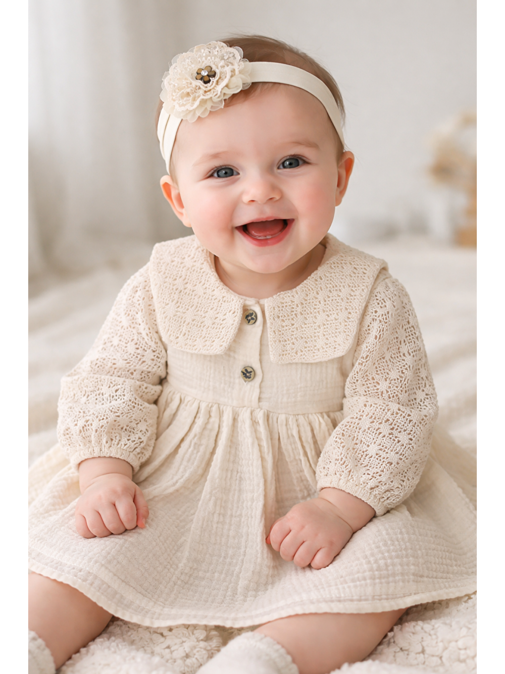 Bej Kız Bebek Müslin Kumaş Dantel Yakalı 2li Saç Tokalı-5
