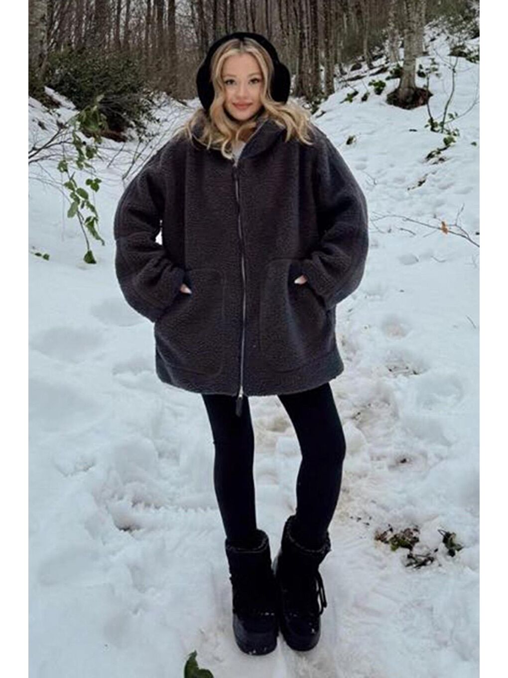 Gri Füme Dik Yakalı Cepli Pelüş Mont Mg1966-3