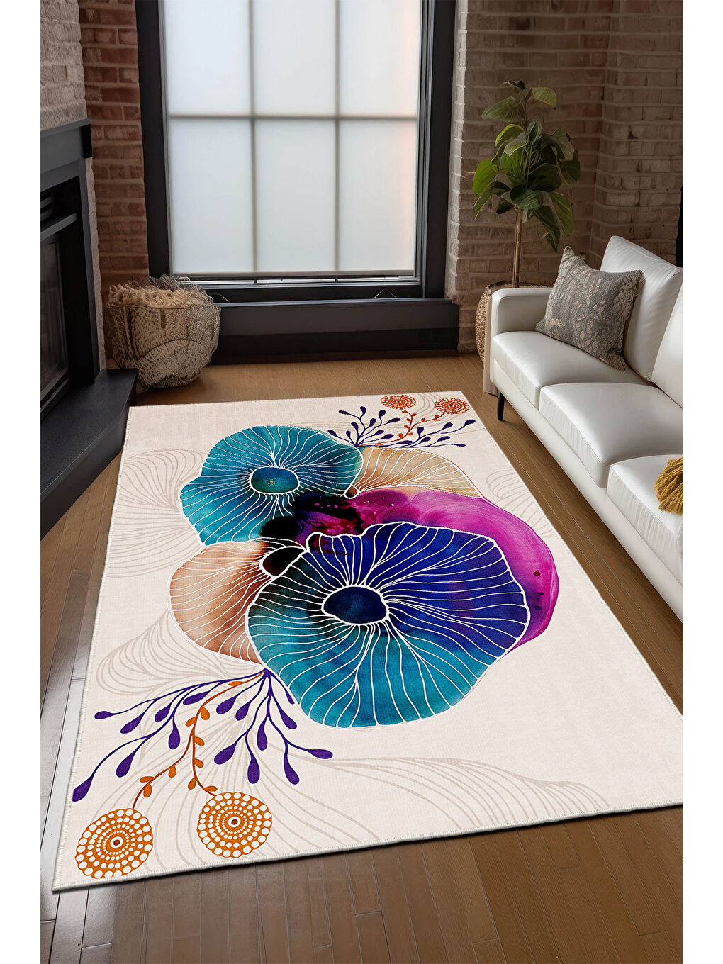 Ekru Dekoratif Özel Tasarım Yıkanabilir İnce Kaymaz Tabanlı Modern Halı KECE FR51-1