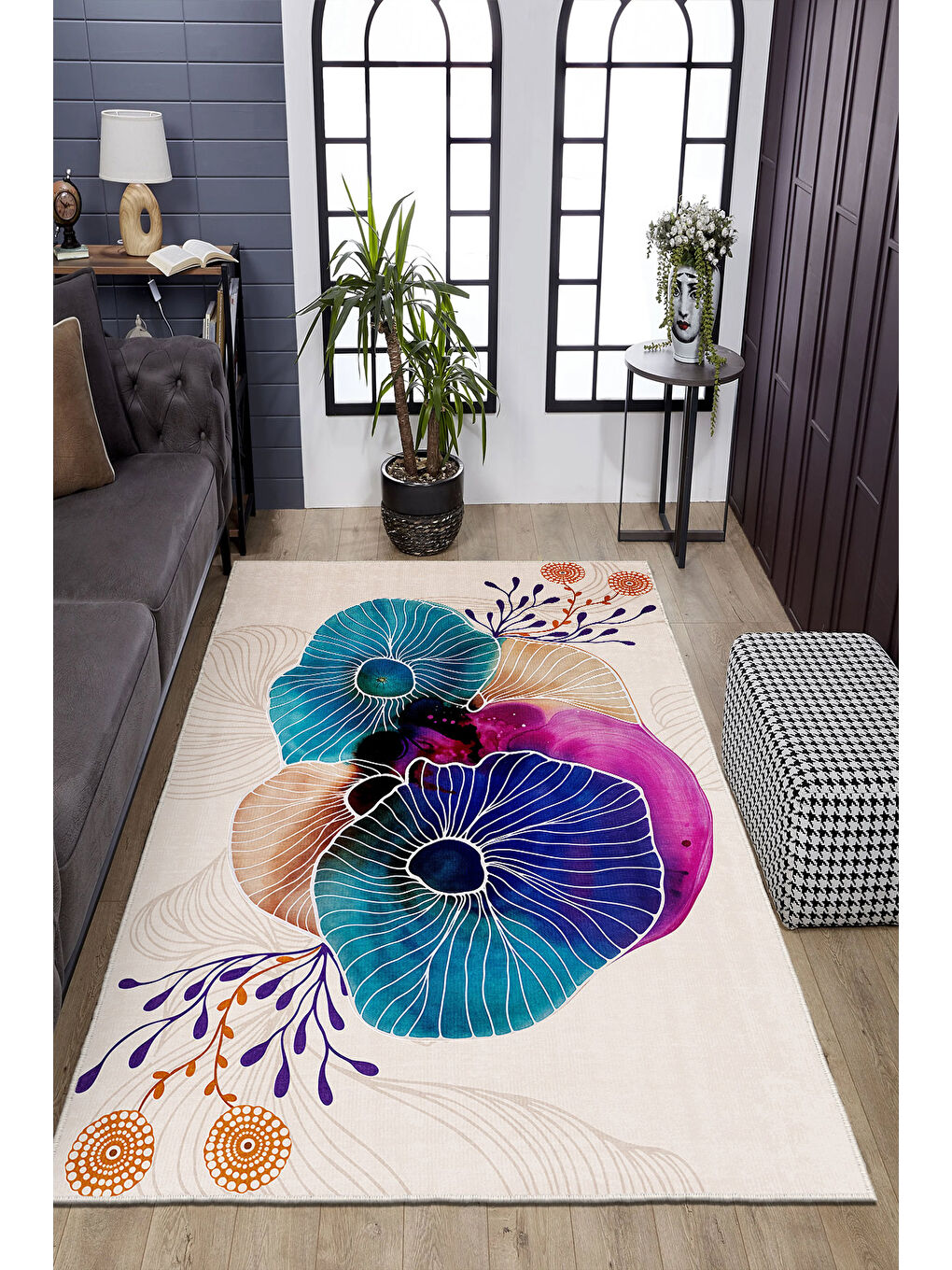 Ekru Dekoratif Özel Tasarım Yıkanabilir İnce Kaymaz Tabanlı Modern Halı KECE FR51-2