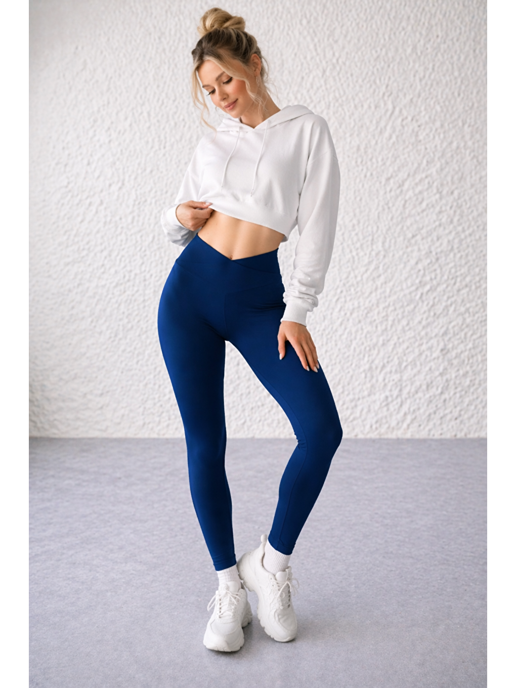 Lacivert Kadın Ekstra Yüksek Çapraz Kemer Bel Dalgıç Kumaş Esnek Spor Rahat Günlük Tayt