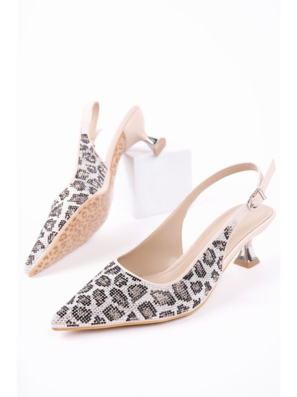 Gri RASHİDA Kadın Sivri Burun Leopar Detaylı Arkası Açık Günlük Klasik Topuklu Abiye Ayakkabı-1