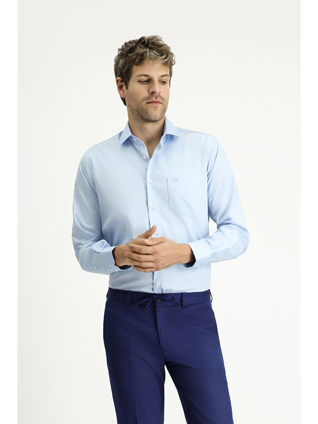 Mavi Uzun Kol Non Iron Saten Klasik Pamuklu Gömlek