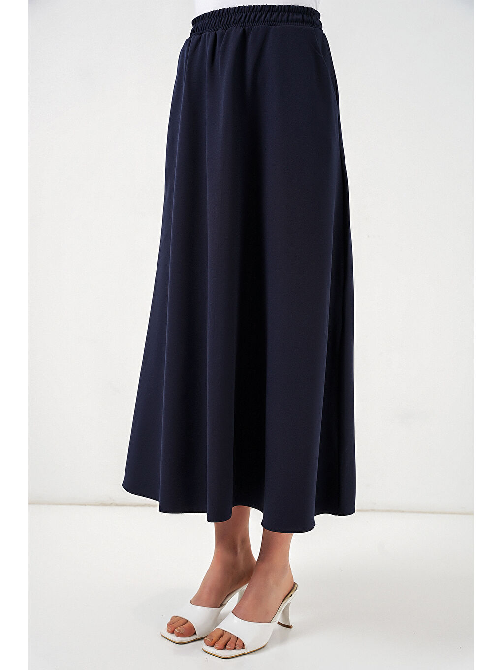 Kadın Beli Lastikli Uzun Etek 8072 - Lacivert-1