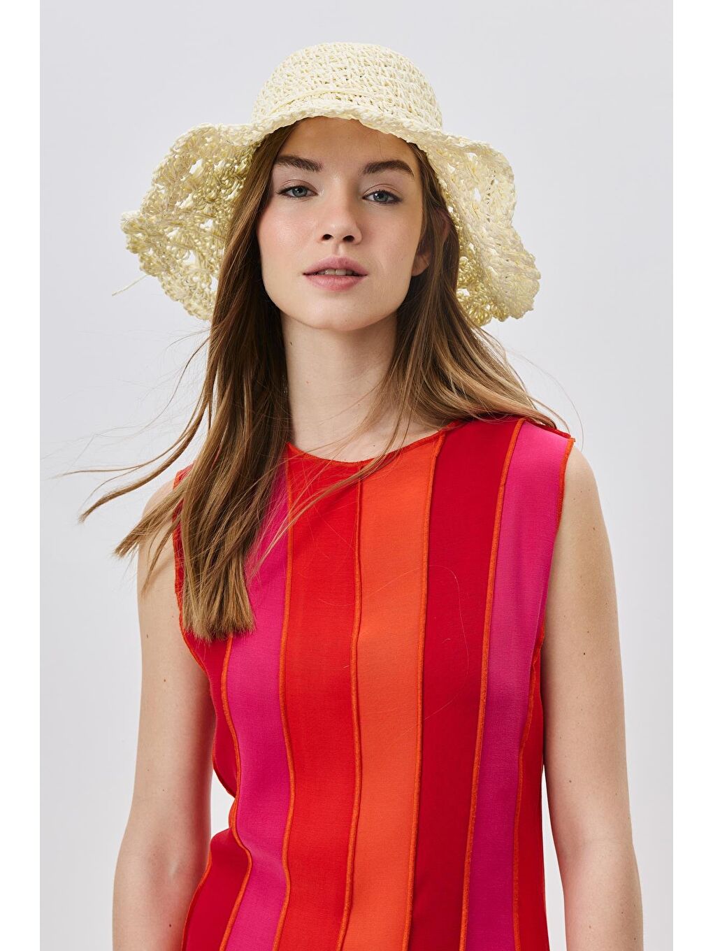 Ekru Örgü Hasır Plaj Şapkası Y25730-22 Krem-1