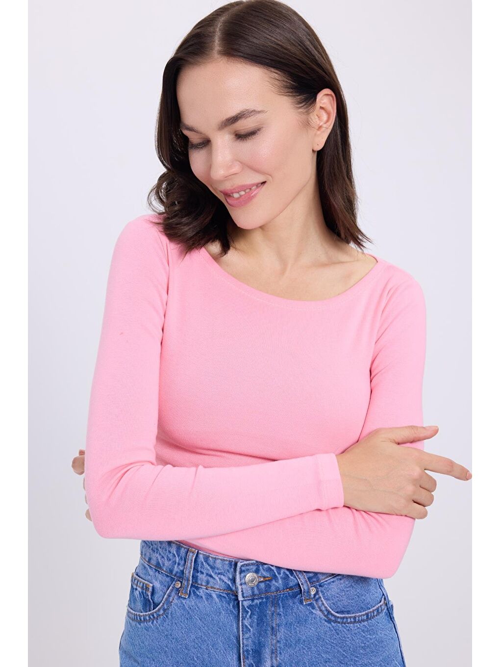 Kadın Slim Fit Dar Kesim Pamuklu Modal Kumaş Uzun Kollu Kayık Yaka Pembe Bluz