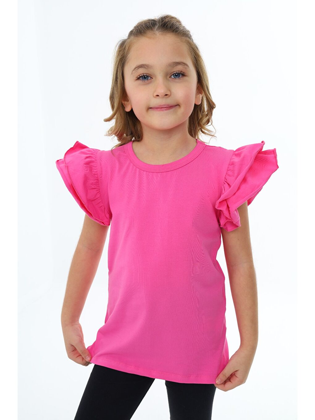 Ekru Kız Çocuk Bisiklet Yaka Kolu Fırfırlı Tişört-1