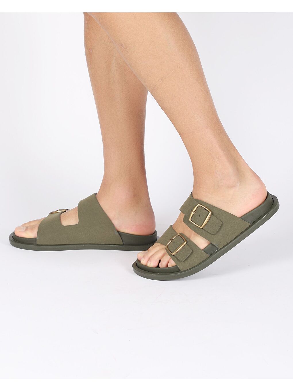 Haki Erkek Yazlık Çift Tokalı Terlik - HUGO-2