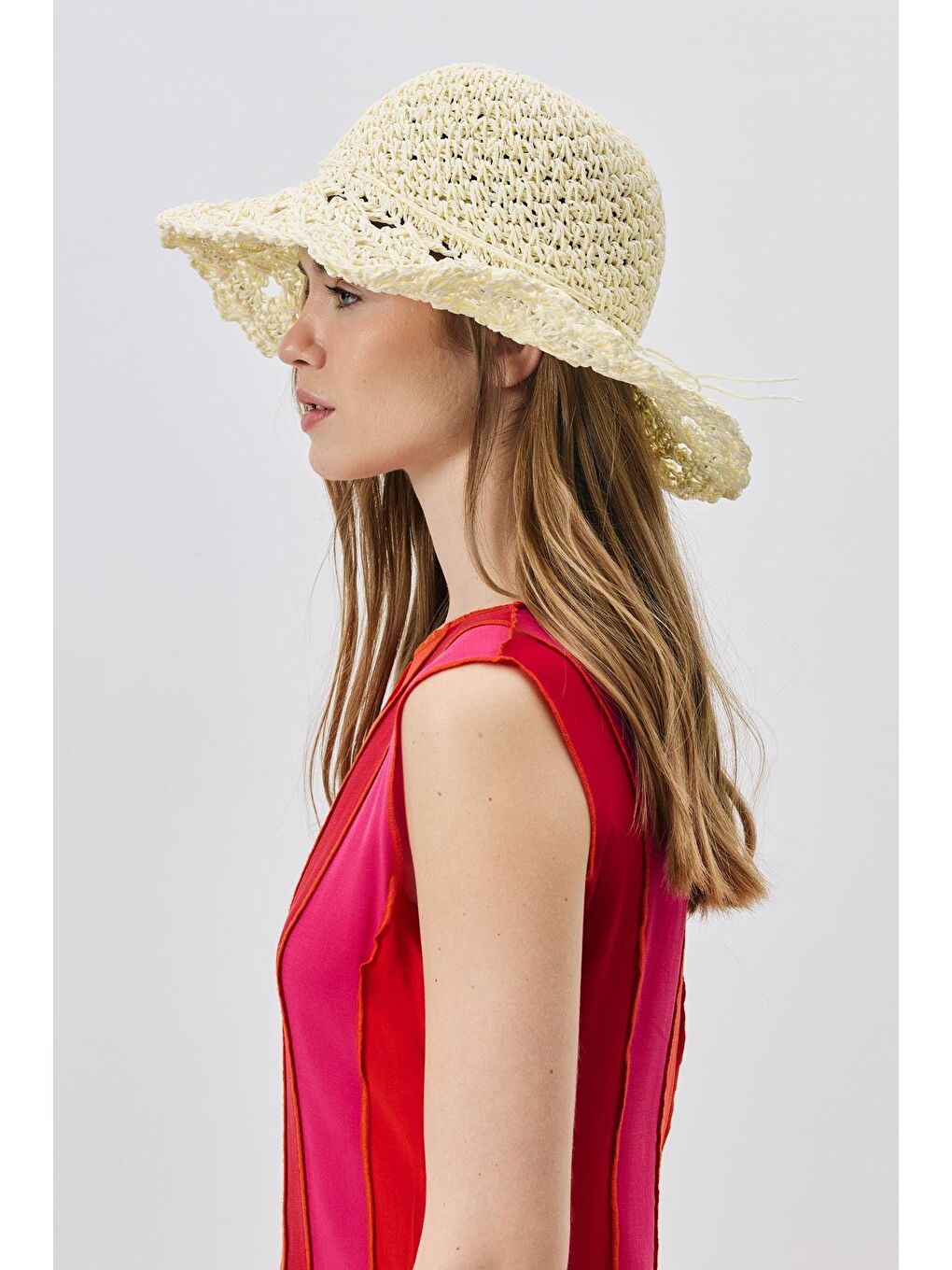 Ekru Örgü Hasır Plaj Şapkası Y25730-22 Krem-2