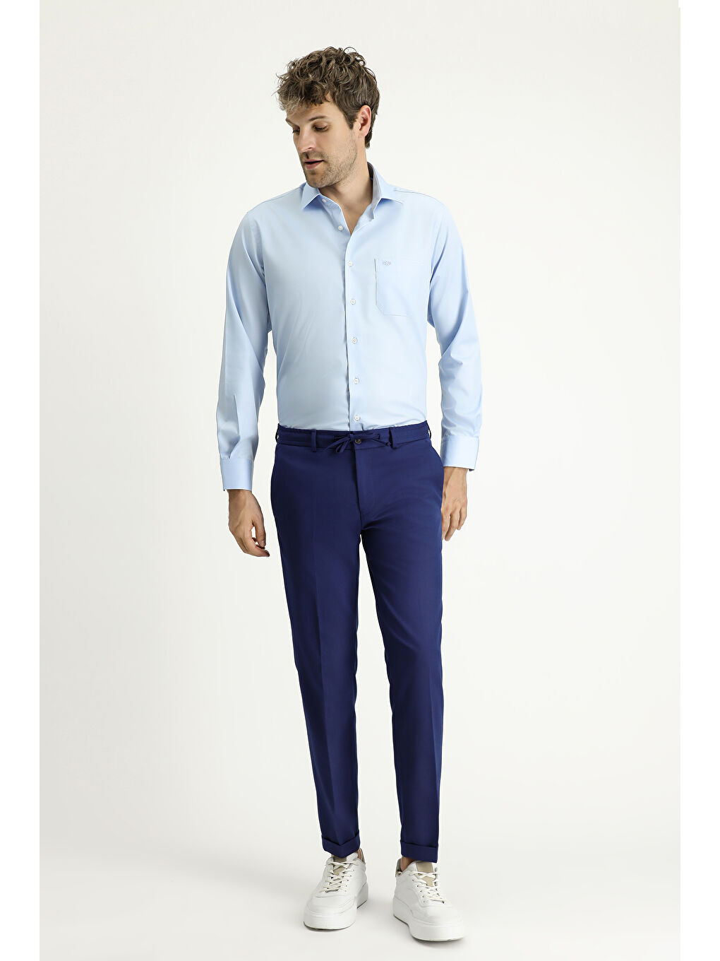 Mavi Uzun Kol Non Iron Saten Klasik Pamuklu Gömlek-1