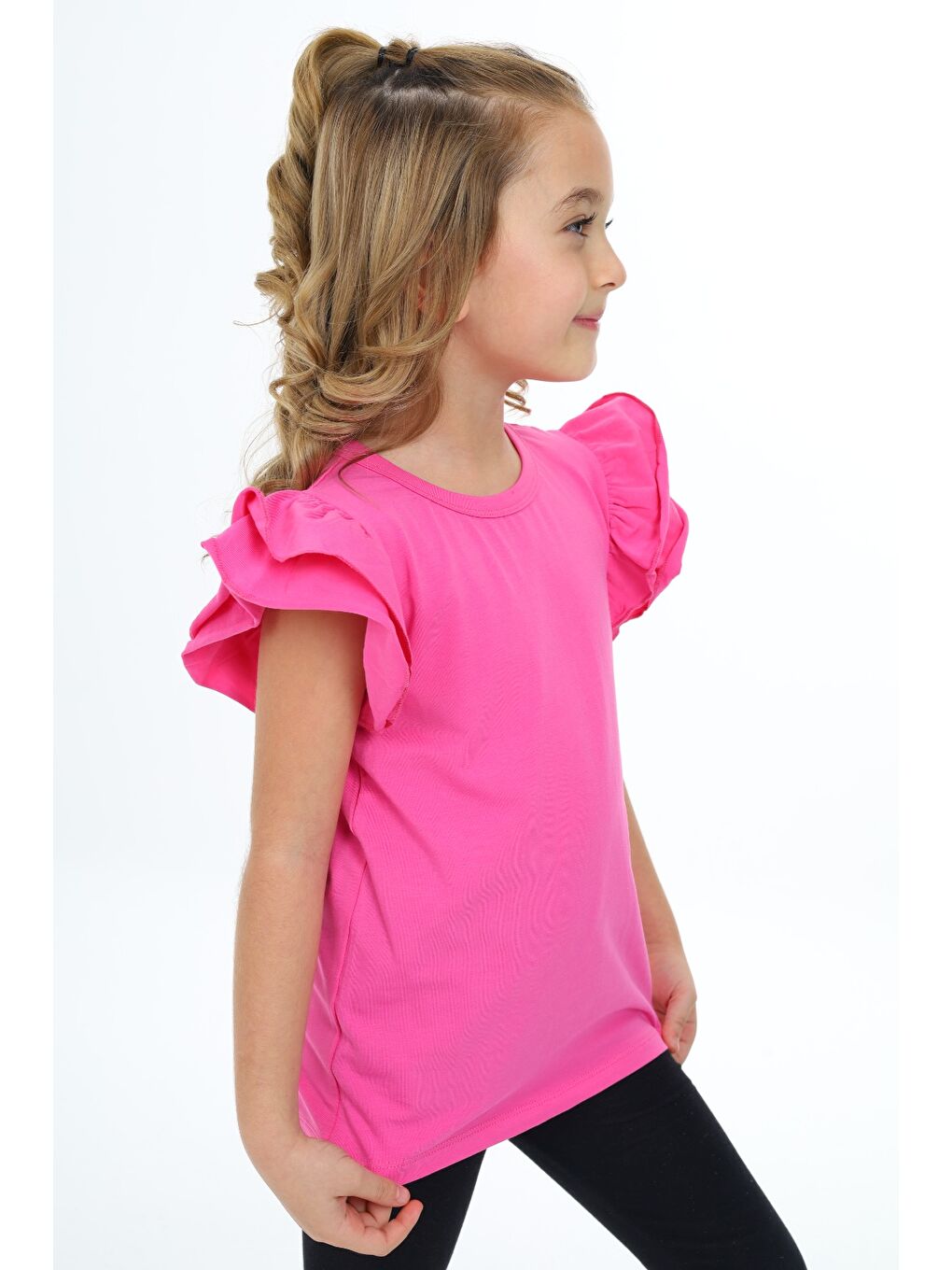 Ekru Kız Çocuk Bisiklet Yaka Kolu Fırfırlı Tişört-2