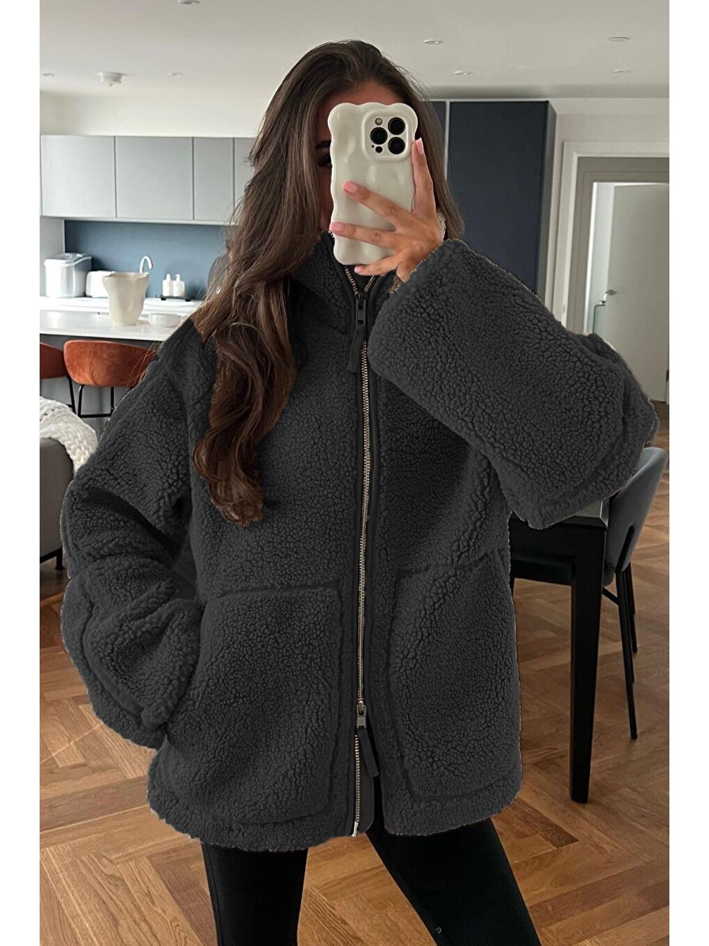 Gri Füme Dik Yakalı Cepli Pelüş Mont Mg1966-5