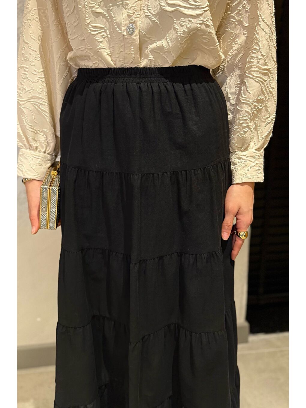 Siyah Kadın Bel Lastikli Katlı Ve Pileli Tesettür Etek-5