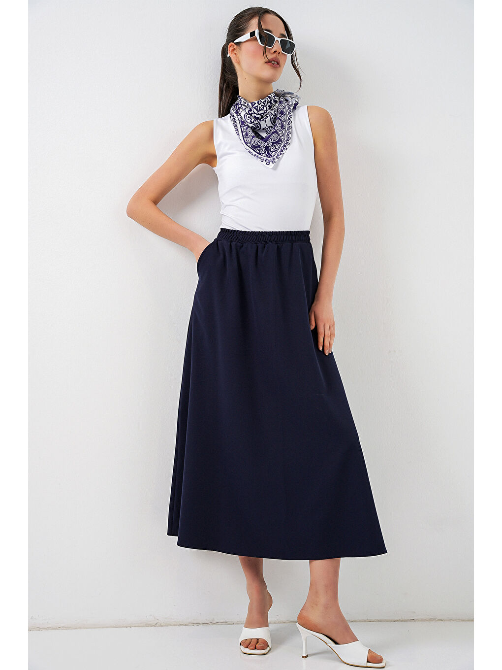 Kadın Beli Lastikli Uzun Etek 8072 - Lacivert-2