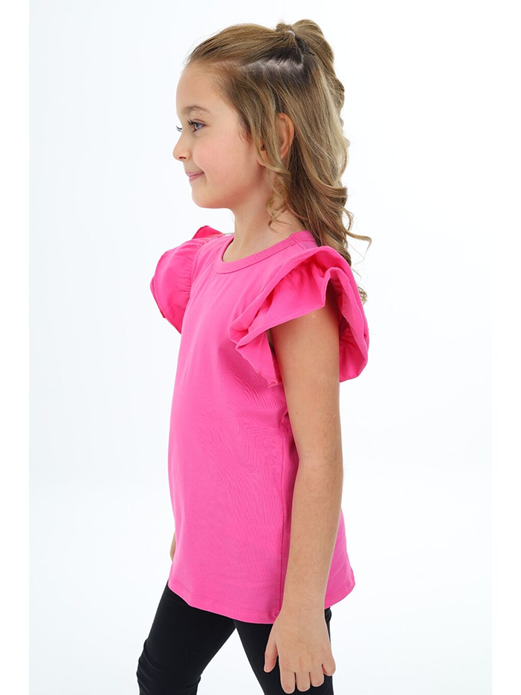 Ekru Kız Çocuk Bisiklet Yaka Kolu Fırfırlı Tişört-3