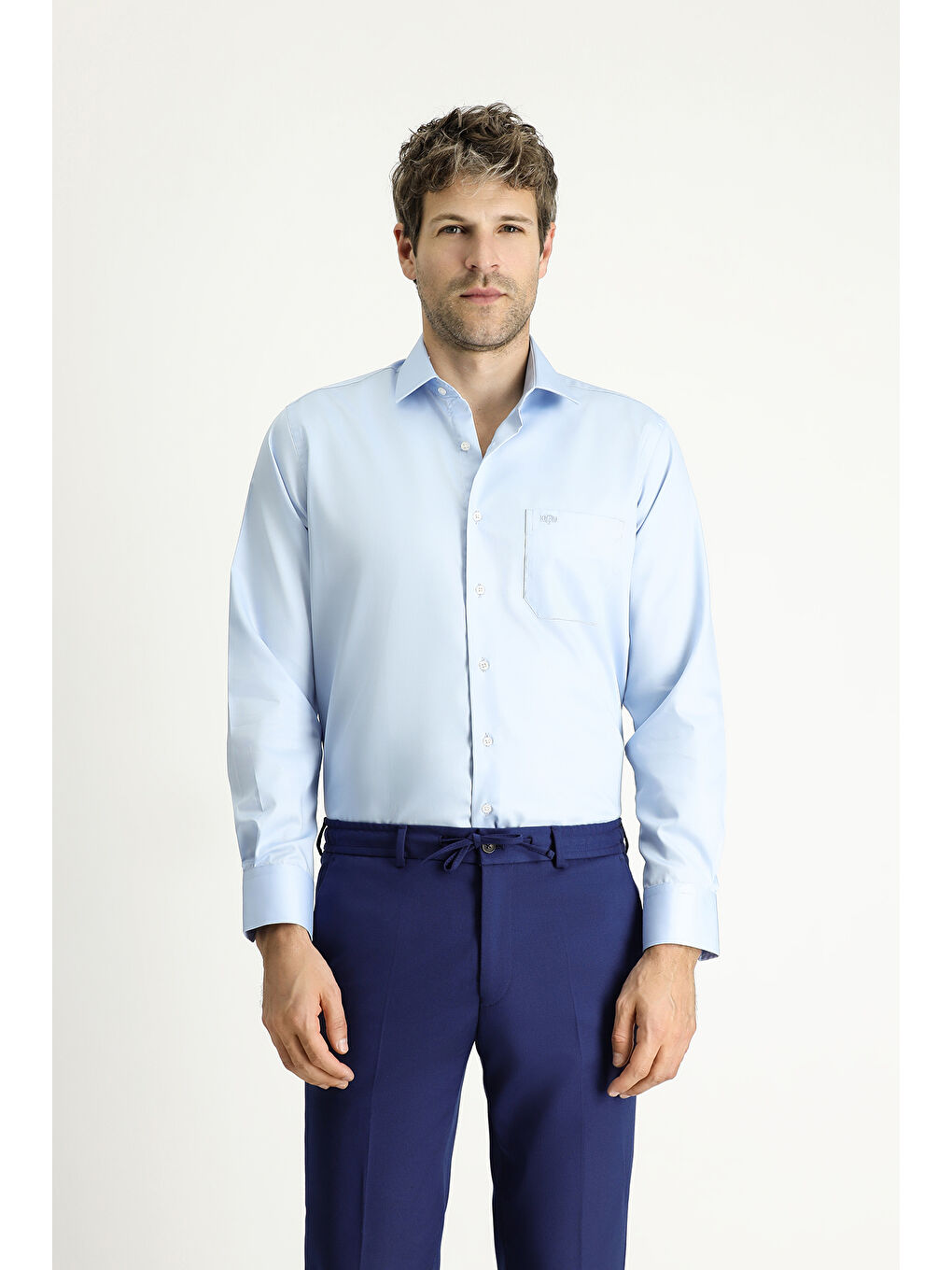 Mavi Uzun Kol Non Iron Saten Klasik Pamuklu Gömlek-2