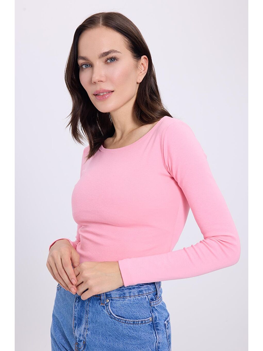 Kadın Slim Fit Dar Kesim Pamuklu Modal Kumaş Uzun Kollu Kayık Yaka Pembe Bluz-1