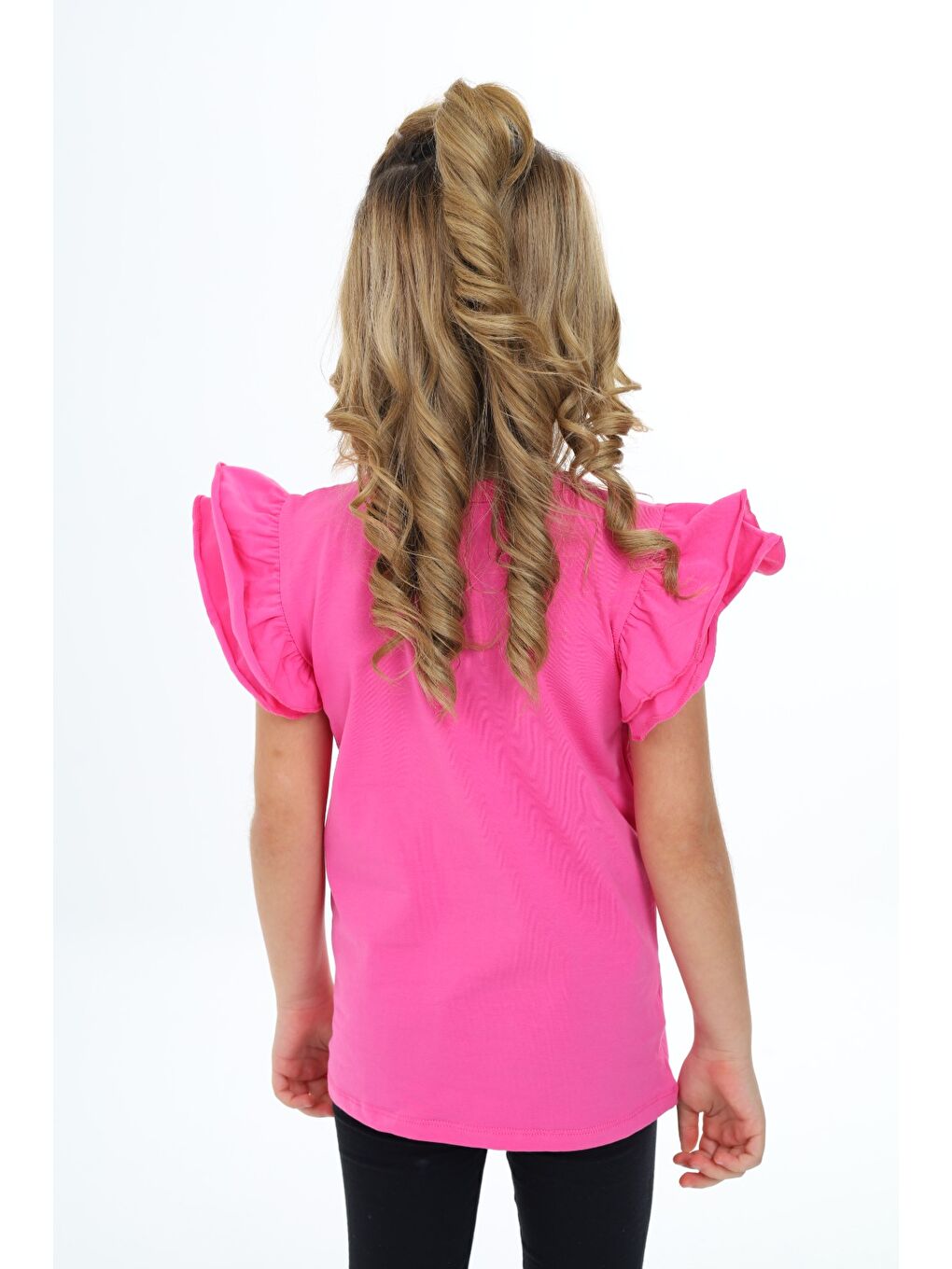 Ekru Kız Çocuk Bisiklet Yaka Kolu Fırfırlı Tişört-4