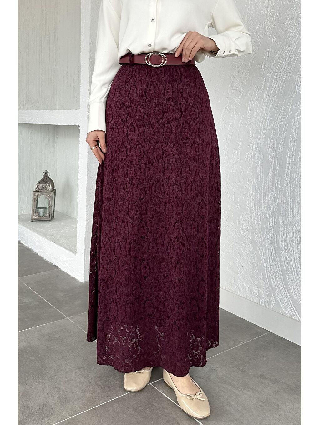 Bordo Bel Lastikli Güpürlü Kemer Aksesuarlı Elastanlı Tesettür Etek-2