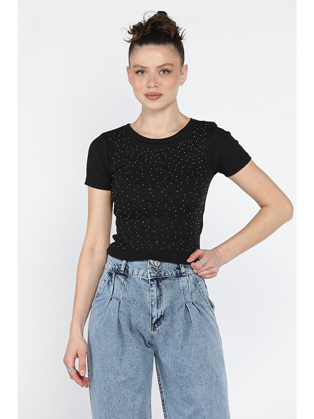 Siyah Kadın Bisiklet Yaka Taşlı Kaşkorse Bluz