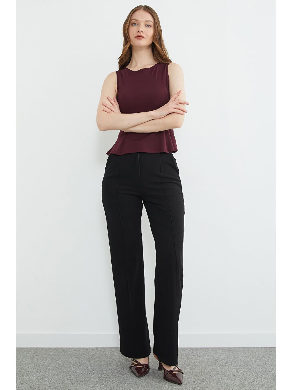 Siyah Çimalı Yüksek Bel Palazzo Pantolon-1