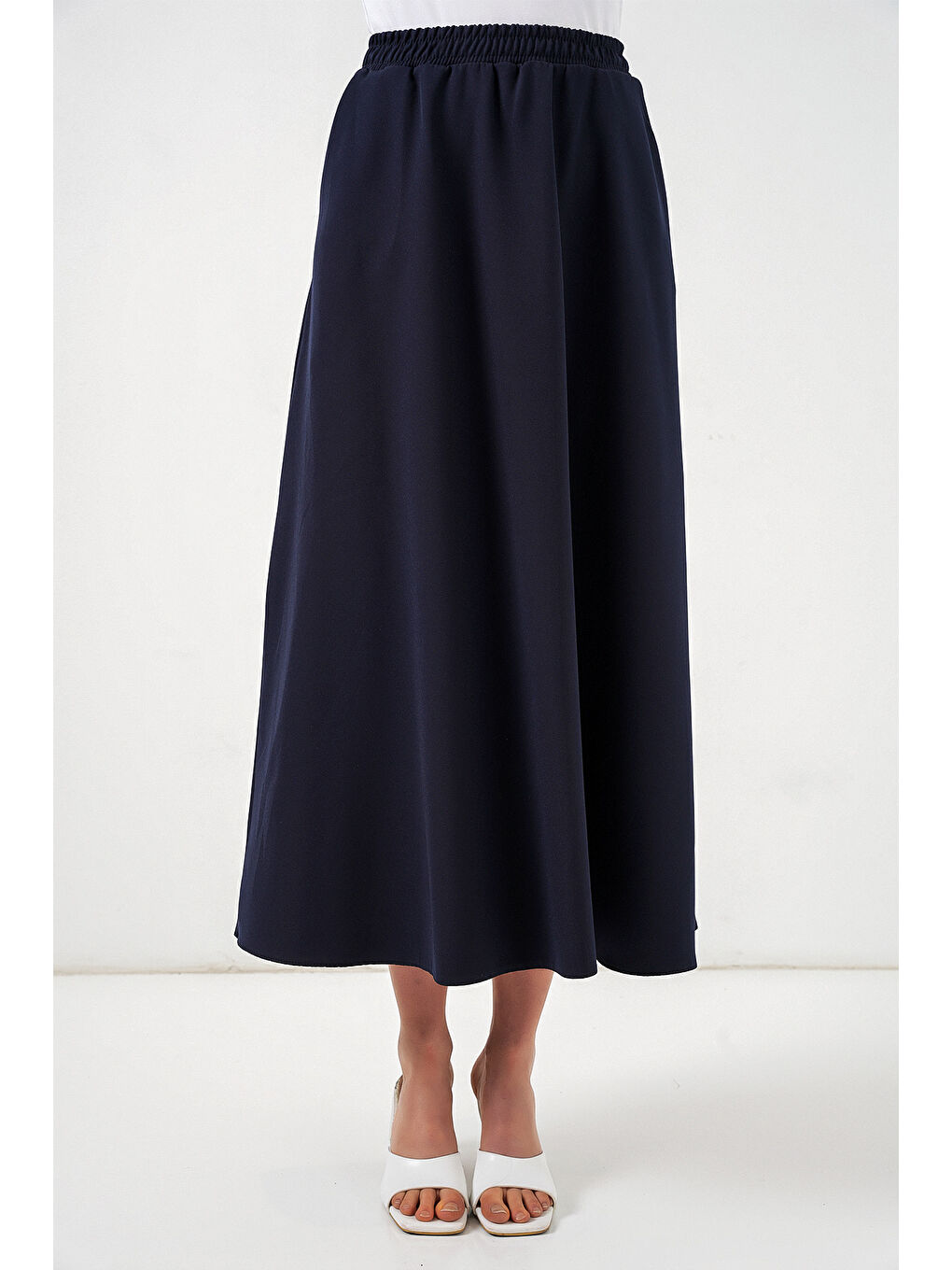 Kadın Beli Lastikli Uzun Etek 8072 - Lacivert-3