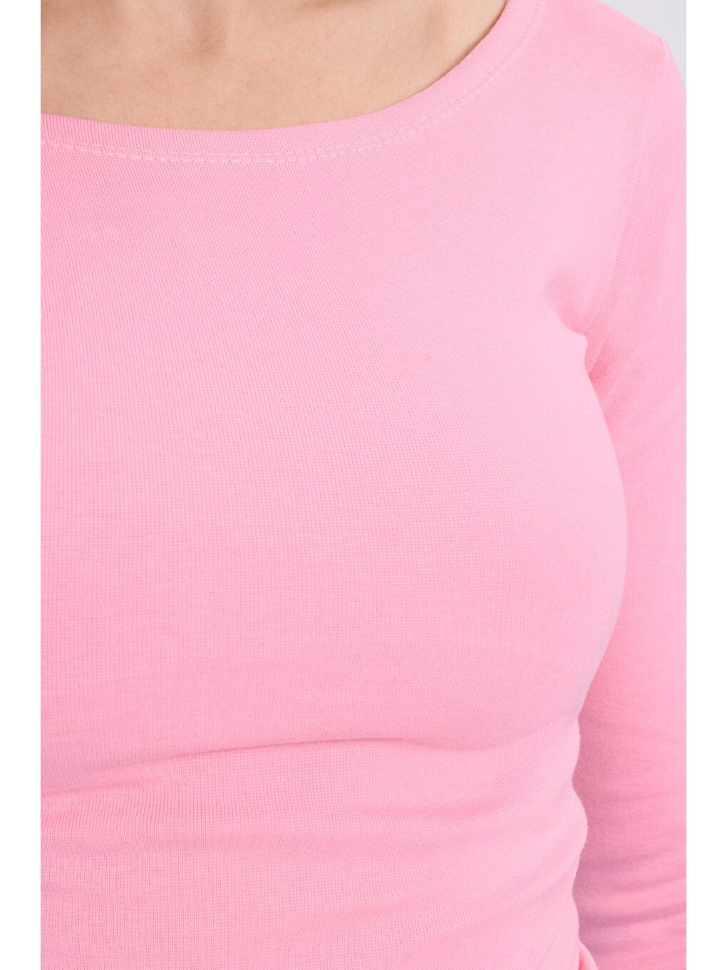 Kadın Slim Fit Dar Kesim Pamuklu Modal Kumaş Uzun Kollu Kayık Yaka Pembe Bluz-2