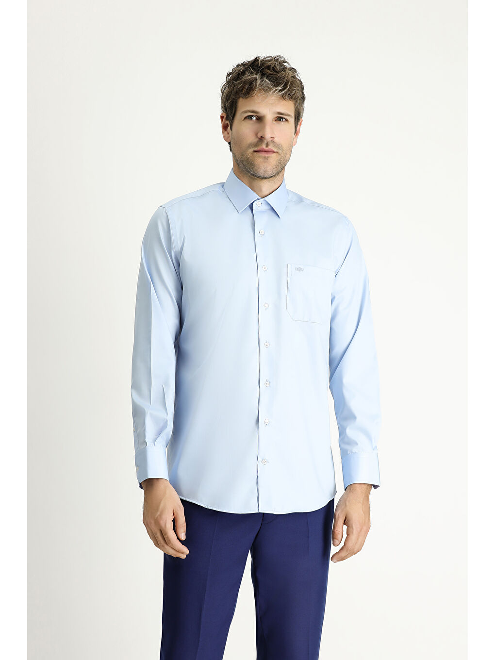 Mavi Uzun Kol Non Iron Saten Klasik Pamuklu Gömlek-3