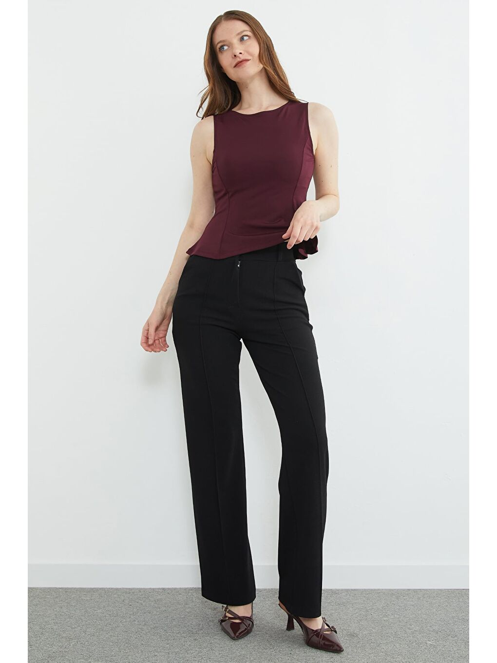 Siyah Çimalı Yüksek Bel Palazzo Pantolon-2