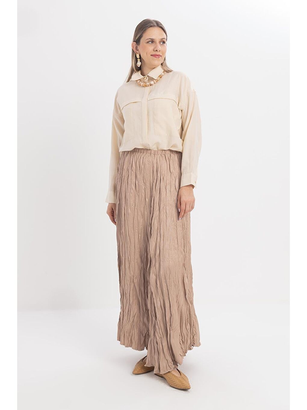 Bej Vizon-Lastikli Basic Etek-1