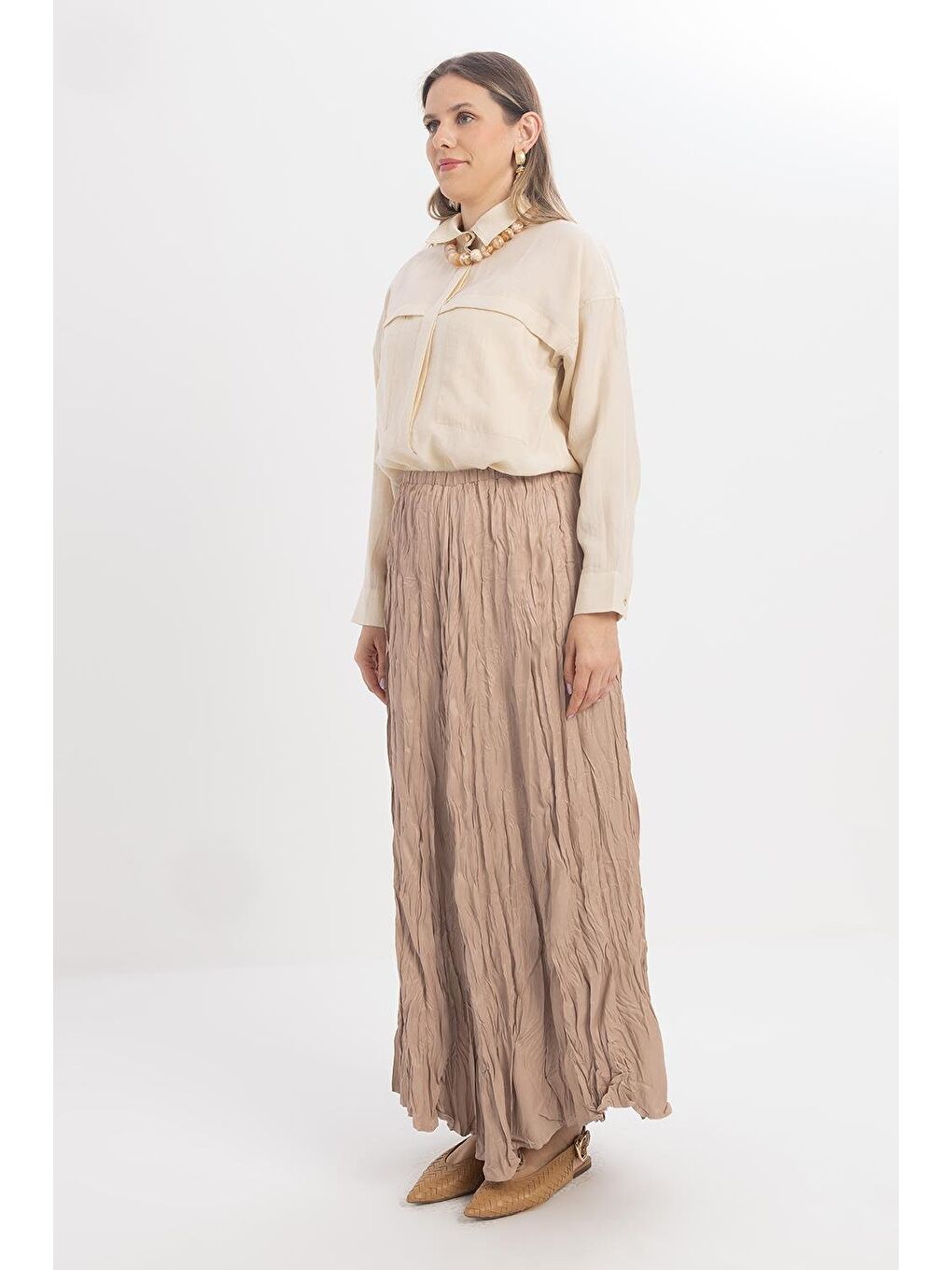 Bej Vizon-Lastikli Basic Etek-2