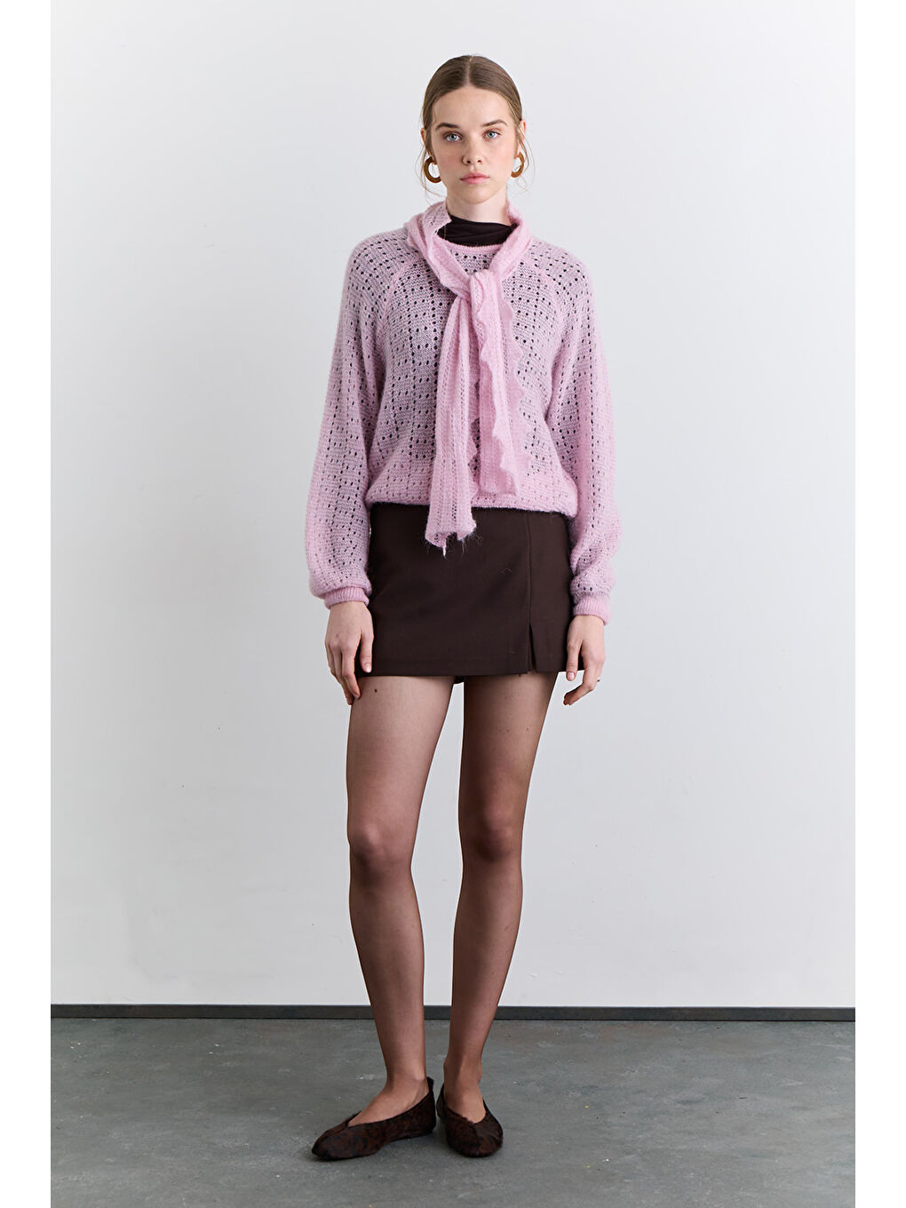 Bağlama Yakalı Ajurlu Kazak Pembe-1