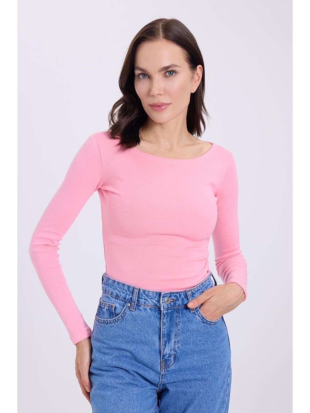 Kadın Slim Fit Dar Kesim Pamuklu Modal Kumaş Uzun Kollu Kayık Yaka Pembe Bluz-3